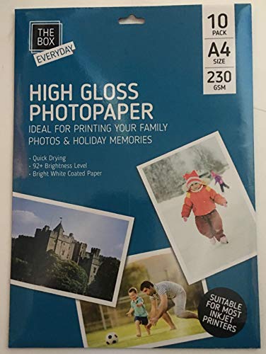 Hochglänzendes Fotopapier A4 (29,7 x 21 cm), hochweiß, 10 Stück, 92+ Helligkeitsstufe, kompatibel mit Tintenstrahldruckern von The Box Everyday