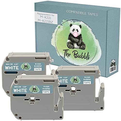 The Bubbli Original | M-K221 M-K221BZ M221 Schwarz auf Weiß Kompatibel Etiketten Schriftband für BROTHER P-Touch PT-45 PT-55 PT-65 PT-70 PT-75 PT-80 PT-85 PT-90 PT-M95 PT-100 110 (9mm x 8m | 3er Pack) von The Bubbli