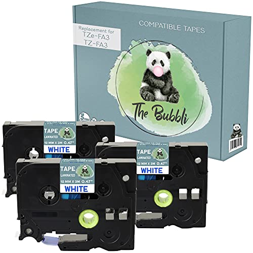 The Bubbli Original | TZe-FA3 TZ-FA3 Blau auf Weiß Kompatibel Textilband zum Aufbügeln für BROTHER P-Touch PT-1000 PT-H100 PT-D210VP PT-D400 PT-D600VP PT-P700 PT-P750W Cube (12 mm x 3m | 3er Pack) von The Bubbli