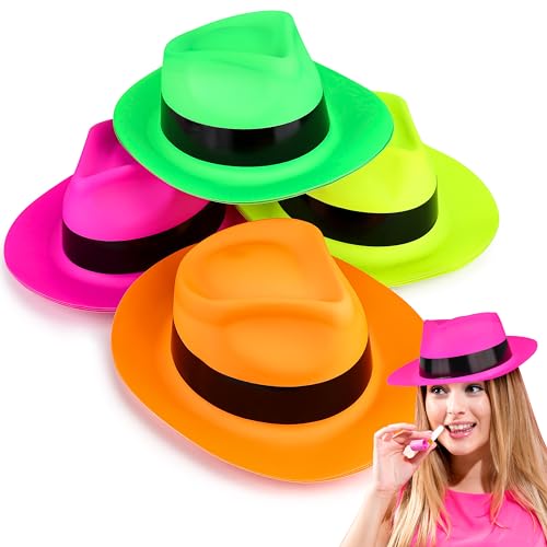 The Glowhouse - Fedora-Hüte im Gangster-Stil - Kunststoff - witzige Party-Accessoires - leuchten im UV-/Schwarzlicht - hochwertig - für Kinder & Erwachsene - Neonfarben - 12 Stück von The Glowhouse