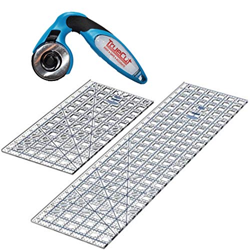 TrueCut Rollschneider-Set, 3-teilig: großes Quilt-Lineal (61,4 x 16,5 cm), mittelgroßes Quilt-Lineal (32,5 x 16,5 cm) und My Comfort Cutter ergonomischer Rollschneider (45 mm) von The Grace Company