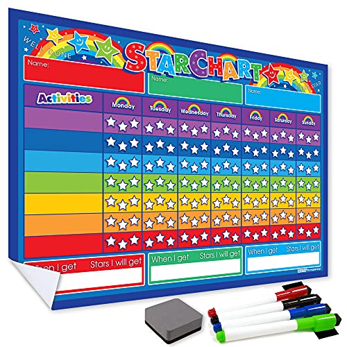 Sternentafel für gutes Benehmen bei Kleinkindern, Kindern, Jungen und Mädchen - mit 4 bunten Stiften und Radiergummi (Regenbogenfarben, A3-Sternentafel) von The Magnet Shop
