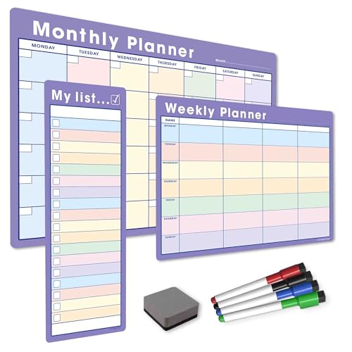 TMS #1 Magnetisches Whiteboard-Planer-Pack/individuelles trocken abwischbares Set | Wochenplaner, meine Liste, Monatskalender | 4 trocken abwischbare Marker, Radiergummi (Pastell/Lila, Bundle 1) von The Magnet Shop