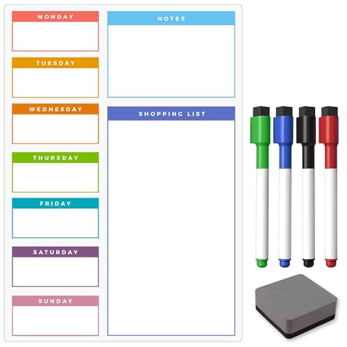 TMS Magnetischer Wochenplaner - A4 mehrfarbiger Einkaufslisten- und Essensplaner für die Familie oder die Arbeit mit 4 magnetischen, trockenen Radierstiften und Radiergummi (Woche, A4) von The Magnet Shop