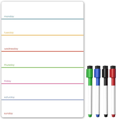 TMS magnetischer Wochenplaner, kleines Kühlschrankmagnet-Whiteboard - Kalender oder Trockenlösch-Essensplaner für Küche, Büro, Notizblock oder Familienarbeit (multicolor, A4 + 4 Stifte) von The Magnet Shop