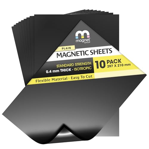 The Magnet Shop Magnetfolien – Magnete zum Basteln, flexibel Folie zum Aufbewahren von Stanzformen, Basteln oder zum Herstellen Ihrer eigenen Kühlschrankmagnete – 10 Stück – 0,4 mm (Schwarz, A4) von The Magnet Shop