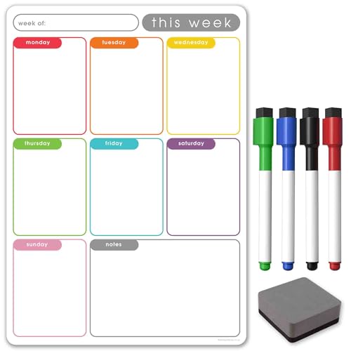 The Magnet Shop Magnetischer Wochenplaner/Memotafel – Mehrfarbiges Whiteboard, Einkaufsliste und Essensplaner – mit 4 magnetischen, trocken abwischbaren Stiften und Radiergummi (Color Memo, A4) von The Magnet Shop