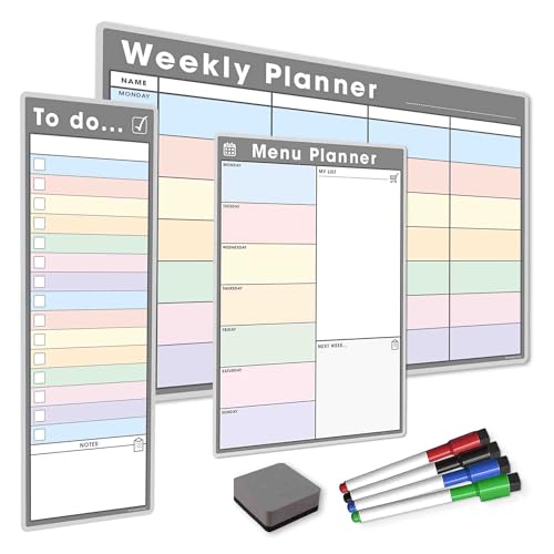 The Magnet Shop Magnetisches Whiteboard-Planer-Set, trocken abwischbar, Wochenplaner, Meine Liste, Monatskalender, 4 trocken abwischbare Markerstifte, Radiergummi (Pastell/Grau, Bündel 3) von The Magnet Shop