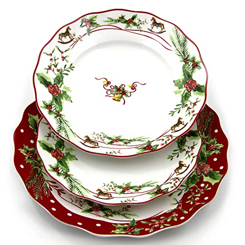 The Royal Family Weihnachtsteller Dekor Canpanelle und Schaukelpferde für 6 Tische (18 Teile) aus Porzellan glänzend und widerstandsfähig Christmas Dream von The Royal Family