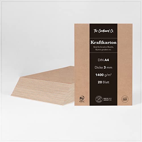 Kraftkarton, 3 mm (1400 g/m²), DIN A4 (210 x 297 mm), 20 Blatt, Kraftpapier für kreatives Basteln, Karten, etc., naturbraun von TheCardboardCo