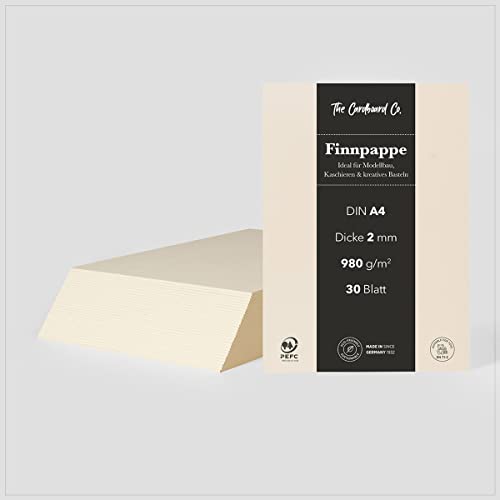 TheCardboardCo Finnpappe, 2 mm (980 g/m²), DIN A4 (210 x 297 mm), 30 Blatt, Holzpappe für Modellbau, Kaschieren & kreatives Basteln, naturweiss von TheCardboardCo