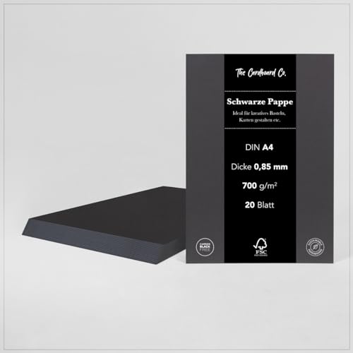 TheCardboardCo Schwarze Pappe, 0,85 mm (700 g/m²), DIN A4 (210 x 297 mm), 20 Blatt, stabile Pappe für kreatives Basteln, Karten gestalten etc., tiefschwarz von TheCardboardCo