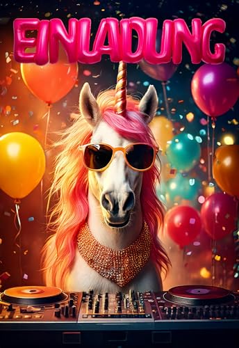 TheMunique® Einhorn glänzende Einladungen Kindergeburtstag Mädchen und Jungen – 12 Stück – Lustige Party Tiere Geburtstag Einladungen mit besonderem Glanzlack – Einladungskarten Kids & Teenies von TheMunique