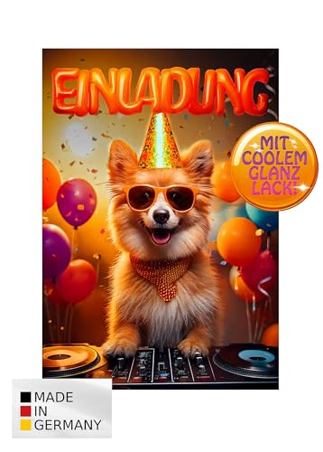 TheMunique® Hund Welpe glänzende Einladungen Kindergeburtstag Mädchen und Jungen – 12 Stück – Lustige Party Tiere Geburtstag Einladungen mit besonderem Glanzlack – Einladungskarten Kids & Teenies von TheMunique