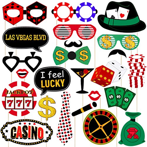 24 Stück Casino Photo Booth Requisiten mit Stick, Las Vegas Casino Photo Booth Requisiten Kit, lustiges DIY Poker Thema Selfie Requisiten Kit für Las Vegas Thema Poker Nacht Geburtstag Party Supplies von Theaque