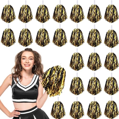 Cheerleader-Pompons, Cheerleader-Pom-Poms, Spirited Cheerleader-Poms, Cheerleader-Poms, Taktstock-Griff, Metallfolie, lustige Pompons für Sport, Team, Party, Tanz, Cheering (Schwarz, Gold), 24 Stück von Theaque