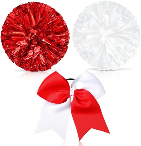 Theaque Cheerleader-Pompons und große Cheerleader-Haarschleife für Mädchen, 30,5 cm große metallische Cheerleader-Pompons für Sport, Teamgeist, Jubeln (rot und weiß) von Theaque