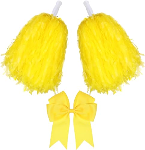 Cheerleader-Pompons und große Cheerleader-Haarschleife für Mädchen, Cheerleader-Zubehör für Sportveranstaltungen, Tanzparty, Basketball, Fußball, Tanz, Sport, Teamgeist, Gelb, 3 Stück Cheerleader-Pompons und große Cheerleader-Haarschleife für Mädchen, Cheerleader-Zubehör für Sportveranstaltungen, Tanzparty, Basketball, Fußball, Tanz, Sport, Teamgeist, Gelb, 3 Stück von Theaque