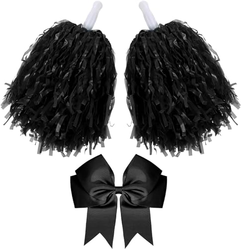 Cheerleader-Pompons und große Cheerleader-Haarschleife für Mädchen, Cheerleader-Zubehör für Sportveranstaltungen, Tanzparty, Basketball, Fußball, Tanz, Sport, Teamgeist, Schwarz, 3 Stück Cheerleader-Pompons und große Cheerleader-Haarschleife für Mädchen, Cheerleader-Zubehör für Sportveranstaltungen, Tanzparty, Basketball, Fußball, Tanz, Sport, Teamgeist, Schwarz, 3 Stück von Theaque
