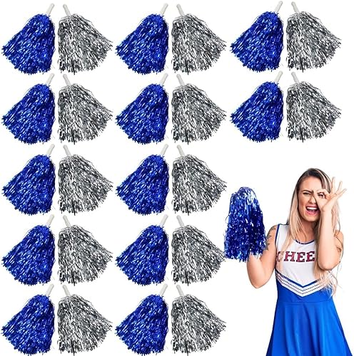 Cheerleading-Pompons mit Griff, Cheerleading-Pompons, Metallic-Blau und Silber, 24 Stück, Cheering Squad, Teamgeist für Party, Tanz, Sport, Mädchen, Kinder, Erwachsene, Geschenke Cheerleading-Pompons mit Griff, Cheerleading-Pompons, Metallic-Blau und Silber, 24 Stück, Cheering Squad, Teamgeist für Party, Tanz, Sport, Mädchen, Kinder, Erwachsene, Geschenke von Theaque