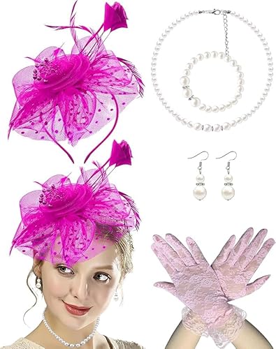 Fascinator-Hut für Damen, Teeparty, Schleier, Netz-Stirnband, Feder, Derby-Hut, Spitzen-Handschuhe, Perlenschmuck-Set für 1920er-Jahre-Party (1a-Fuchsia-Set) von Theaque