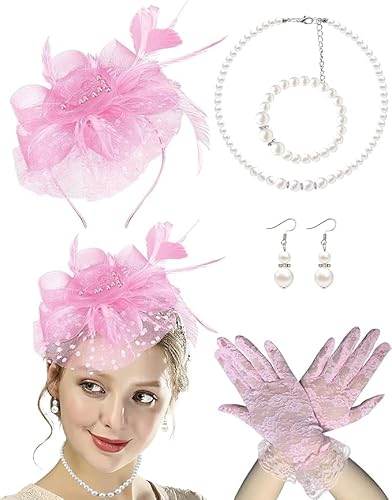 Fascinator-Hut für Damen, Teeparty, Schleier, Netz-Stirnband, Feder, Derby-Hut, Spitzen-Handschuhe, Perlenschmuck-Set für 1920er-Jahre-Party (1a-pinkes Set) von Theaque
