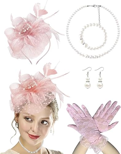 Fascinator-Hut für Damen, Teeparty, Schleier, Netz-Stirnband, Feder, Derby-Hut, Spitzen-Handschuhe, Perlenschmuck-Set für 1920er-Jahre-Party (1a-rosafarbenes Set) von Theaque