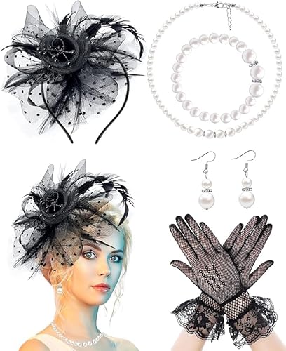 Fascinator-Hut für Damen, Teeparty, Schleier, Netz-Stirnband, Feder, Derby-Hut, Spitzen-Handschuhe, Perlenschmuck-Set für 1920er-Jahre-Party (1a-schwarzes Set) von Theaque