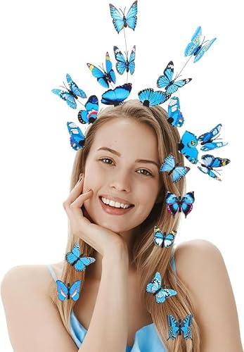Schmetterlings-Stirnbänder, Fascinator-Hut mit 8 Haarnadeln, für Damen, Monarch-Teeparty, Schmetterlingskrone, Kostüm, Kopfschmuck (blau) von Theaque
