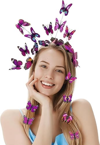 Schmetterlings-Stirnbänder, Fascinator-Hut mit 8 Haarnadeln, für Damen, Monarch-Teeparty, Schmetterlingskrone, Kostüm, Kopfschmuck (lila) von Theaque