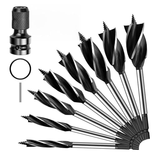 9 Stück Kohlenstoffstahl Holzbohrer Set, Vier-Schneiden Vier-Schlitz Bohrer Set Holz, Position Selbstschneidender Bohrersets mit Schlagadapter, für Öffnen Verschiedener Wälder (10-35 mm) von Theiuaoqwe
