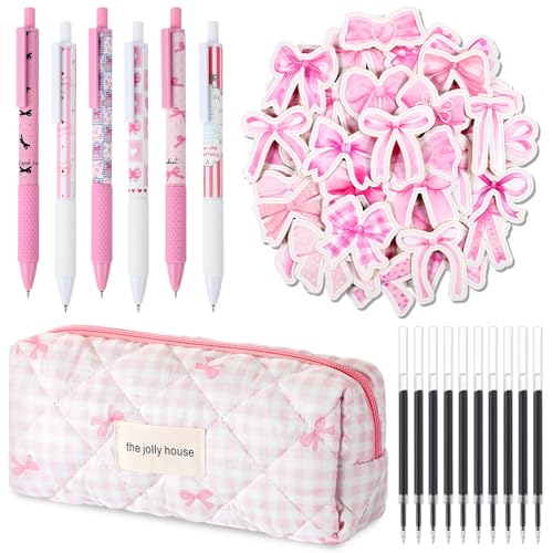 Thenshop Coquette Schleifenstift-Set, 6 niedliche Schleife, einziehbare Kugelschreiber mit 10 Kugelschreiberminen, ästhetisches Federmäppchen, Beutel, 45 Schleifen-Aufkleber für rosa Partygeschenke von Thenshop