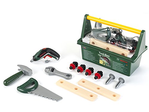 Theo Klein 8345 Bosch Werkzeug-Box I Mit batteriebetriebenem Akkuschrauber Ixolino und zahlreichem Zubehör wie Hammer, Säge u.v.m. I Spielzeug für Kinder ab 3 Jahren von Theo Klein