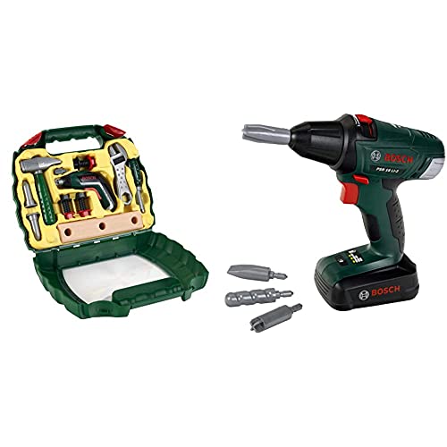 Theo Klein 8394 Bosch Ixolino Koffer I Mit Hammer, Schraubenschlüssel und vielem mehr I Maße: 26,6 x32x8,8 cm & 8567 Bosch Akkuschrauber I Batteriebetriebener Bohrer/Schrauber, Maße: 20x6,5x19 cm von Theo Klein