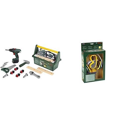 Theo Klein 8520 Bosch Werkzeug-Box I Mit Hammer, Säge, Rollgabelschlüssel und vielem mehr I 31 cm x 16,5 cm x 12,5 cm & Bosch 3-teiliges Zubehör-Set I Arbeitshandschuhe, 19,5 cm x 7 cm x 33,5 cm von Klein