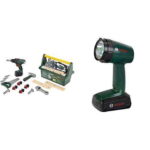 Theo Klein Bosch Werkzeug-Box I Mit Hammer, Säge, Rollgabelschlüssel und vielem mehr I 31 cm x 16,5 cm x 12,5 cm & Akku-Lampe I Batteriebetriebene Lampe um 90 Grad drehbar I 9,5 cm x 6,4 cm x 18 cm Theo Klein Bosch Werkzeug-Box I Mit Hammer, Säge, Rollgabelschlüssel und vielem mehr I 31 cm x 16,5 cm x 12,5 cm & Akku-Lampe I Batteriebetriebene Lampe um 90 Grad drehbar I 9,5 cm x 6,4 cm x 18 cm von Theo Klein