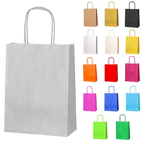 Thepaperbagstore 10 Papiertüten für Partys und Geschenke mit Griffen - Silber/Hellgrau - 180x220x80mm von Thepaperbagstore