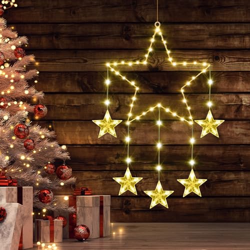 Therlan Beleuchtet Rentier Weihnachtsdeko Lichterketten, 2 Stück 80 LEDs Batteriebetrieben Weihnachtsbeleuchtung Fensterdeko mit Timer 8 Modi, Weihnachten Lichter Deko für Fenster Balkon, Warmweißen von Therlan