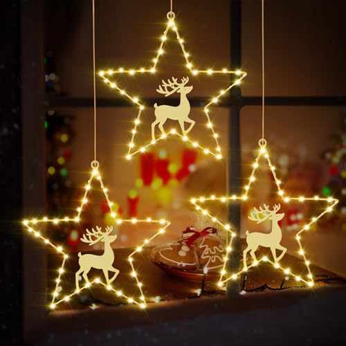 Therlan Beleuchtet Sterne Weihnachtsdeko Lichter, 3 Stück 45 LEDs Batteriebetrieben Weihnachtsbeleuchtung Fensterdeko mit Timer, Weihnachten Lichterketten Rentier Deko für Fenster Balkon, Warmweißen Therlan Beleuchtet Sterne Weihnachtsdeko Lichter, 3 Stück 45 LEDs Batteriebetrieben Weihnachtsbeleuchtung Fensterdeko mit Timer, Weihnachten Lichterketten Rentier Deko für Fenster Balkon, Warmweißen von Therlan