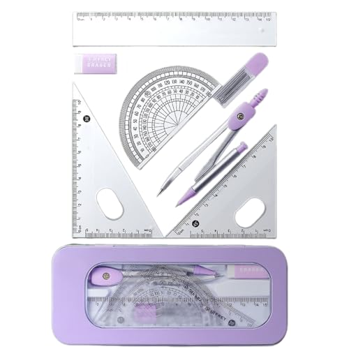 7-teiliges Geometriewerkzeug-Set für Studenten, Geometrie, Mathematik, mit Zeichenwerkzeug, Mathematik-Winkelmesser, quadratisch und Radiergummi, Kunstbedarf von Thewasc