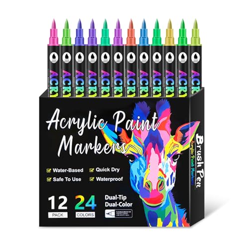 Thewasc Acrylmalstifte mit Pinselspitze, doppelseitige Acrylmarker zum Malen auf Papier, Holz, Glas, Keramik, Leinwand, professionelle Steinmalerei-Marker, 12 Stück von Thewasc