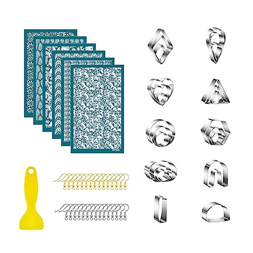 Thewasc Tonohrring-Werkzeug-Set enthält Ton-Siebdruck-Schablonen, Ohrringschneider, Haken, Schmuckherstellungszubehör, Siebdruck-Schablonen für wiederverwendbar, selbstklebend für Schmuckherstellung von Thewasc