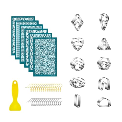 Thewasc Tonohrring-Werkzeug-Set enthält Ton-Siebdruck-Schablonen, Ohrringschneider, Haken, Schmuckherstellungszubehör, Siebdruck-Schablonen für wiederverwendbar, selbstklebend für Schmuckherstellung von Thewasc