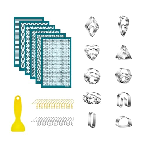 Thewasc Tonohrring-Werkzeug-Set enthält Ton-Siebdruck-Schablonen, Ohrringschneider, Haken, Schmuckherstellungszubehör, Siebdruck-Schablonen für wiederverwendbar, selbstklebend für Schmuckherstellung von Thewasc
