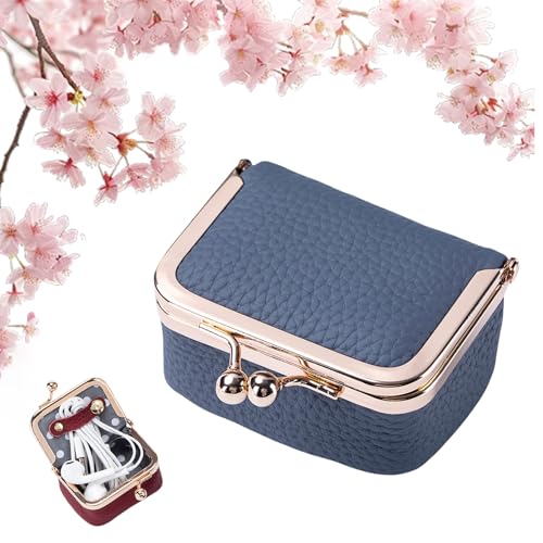 Mini-Schmuckschatulle aus echtem Leder, Vintage-Stil, kompakt, Kussschloss, Ring, Ohrringe, Halskette, Armband, Organizer, tragbar, Reise-Münzgeldbörse für Frauen, Geschenk (groß, Hellblau) von ThiCc