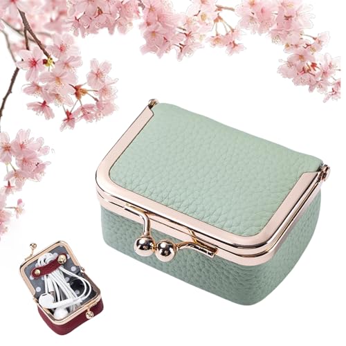 Mini-Schmuckschatulle aus echtem Leder, Vintage-Stil, kompakt, Kussschloss, Ring, Ohrringe, Halskette, Armband, Organizer, tragbar, Reise-Münzgeldbörse für Frauen, Geschenk (groß, hellgrün) von ThiCc