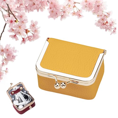 Mini-Schmuckschatulle aus echtem Leder, Vintage-Stil, kompakt, Kussverschluss, Ring, Ohrringe, Halskette, Armband, Organizer, tragbar, Reise-Münzgeldbörse für Frauen, Geschenk (klein, gelb) von ThiCc