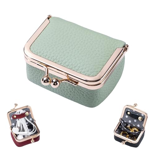 Mini-Schmuckschatulle aus echtem Leder, Vintage-Stil, kompakt, Kussverschluss, Ring, Ohrringe, Halskette, Armband, Organizer, tragbar, Reise-Münzgeldbörse für Frauen, Geschenk (klein, hellgrün) von ThiCc