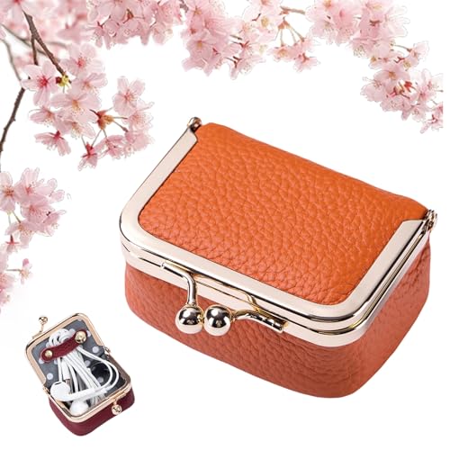 Mini-Schmuckschatulle aus echtem Leder, Vintage-Stil, kompakt, Kussverschluss, Ring, Ohrringe, Halskette, Armband, Organizer, tragbar, Reise-Münzgeldbörse für Frauen, Geschenk (klein, orange) von ThiCc