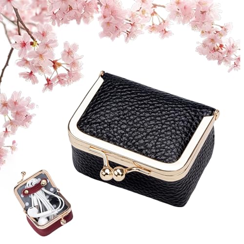 Mini-Schmuckschatulle aus echtem Leder, Vintage-Stil, kompakt, Kussverschluss, Ring, Ohrringe, Halskette, Armband, Organizer, tragbar, Reise-Münzgeldbörse für Frauen, Geschenk (klein, schwarz) von ThiCc